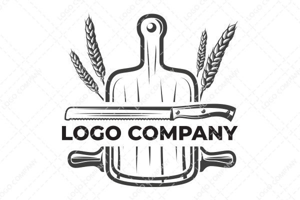 Abstract Consisting of a Cutting Board, Knife, Flattening Stick, and Grains of Wheat Logo